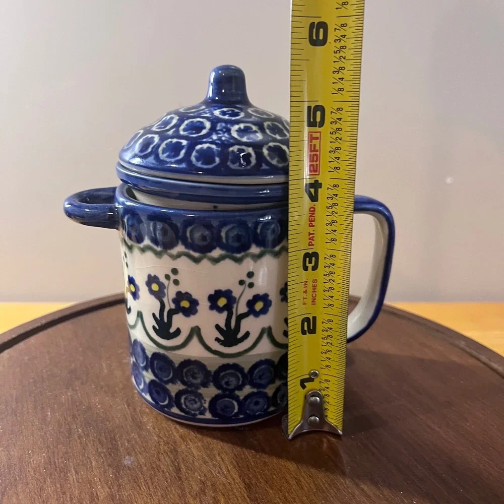 Vtg Polish Pottery Unikat Tea Infuser Mug Strainer Set Boleslawiec Blue Floral